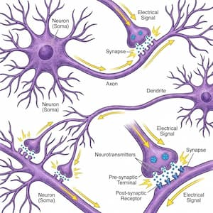 Neurons communicating through synapses in the human brain